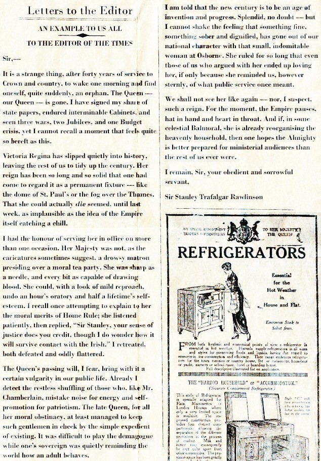 Letter to The Times on the death of Queen Victoria, 1901